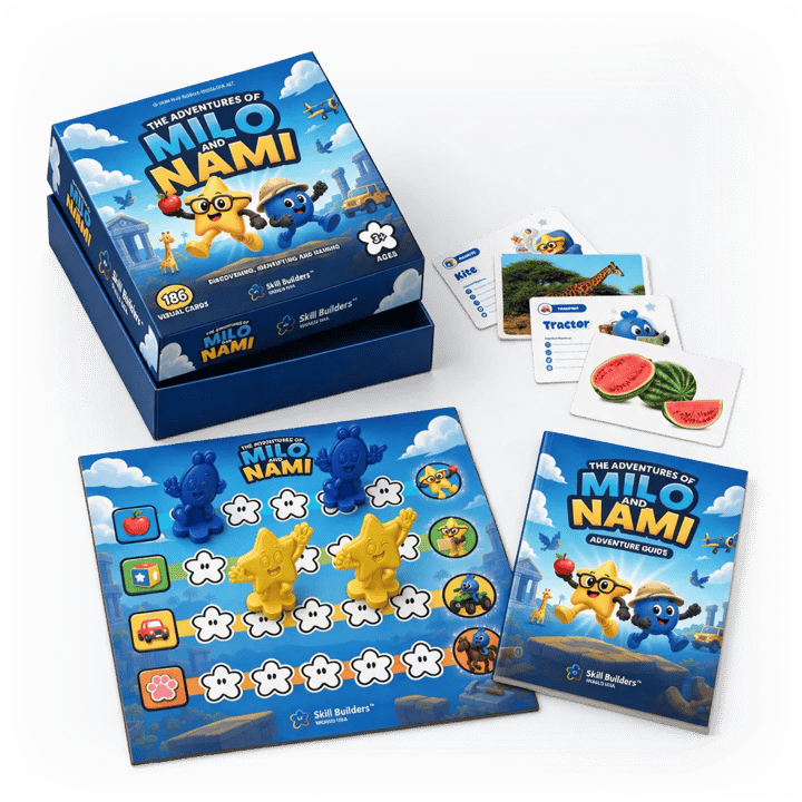 The Adventures of Milo & Nami box open, with the Achievement Board, character pieces, cards and the Adventure Guide