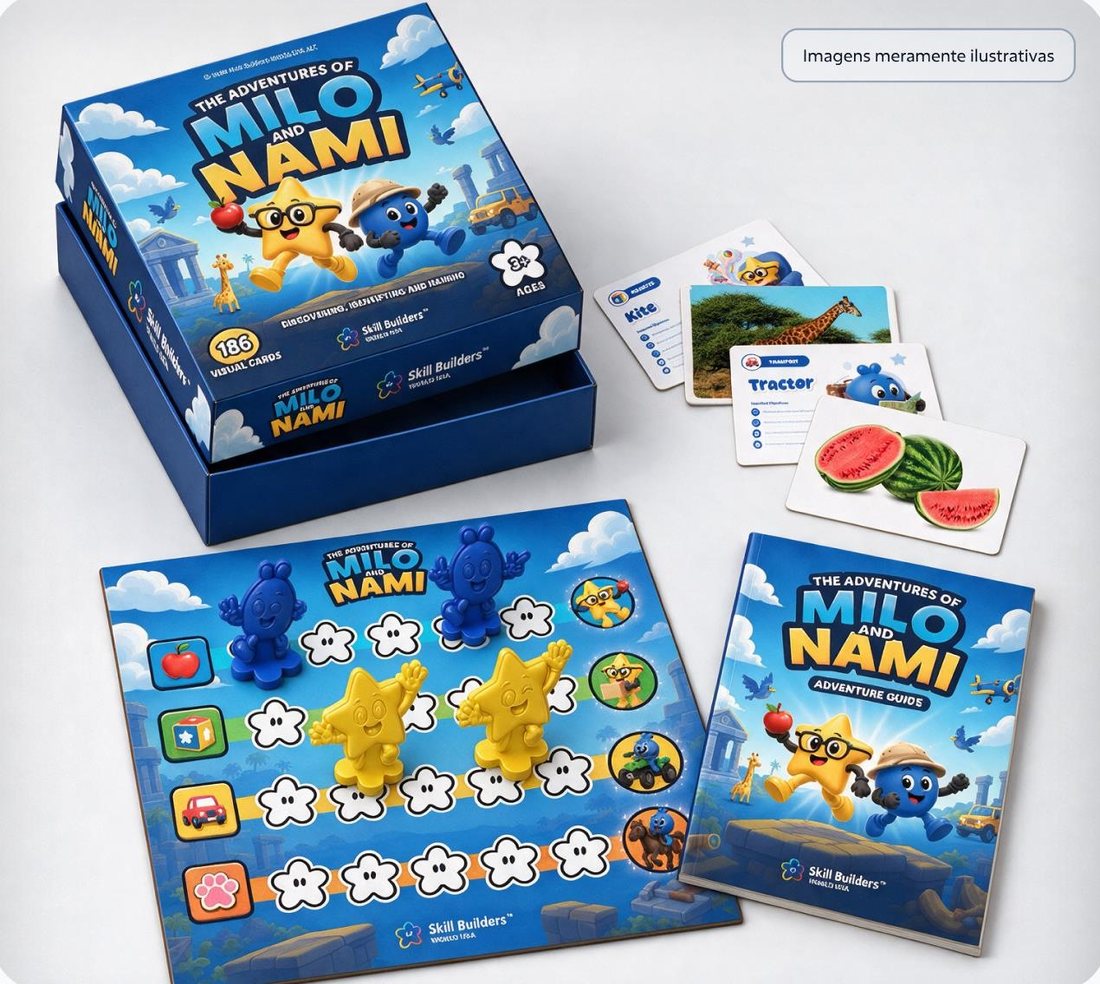 The Adventures of Milo & Nami box open, with the Achievement Board, character pieces, cards and the Adventure Guide